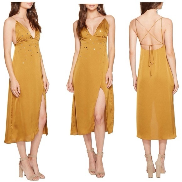 For Love & Lemons Twinkle Slip Midi Dress Olive Gold SSatin Crisscross Back